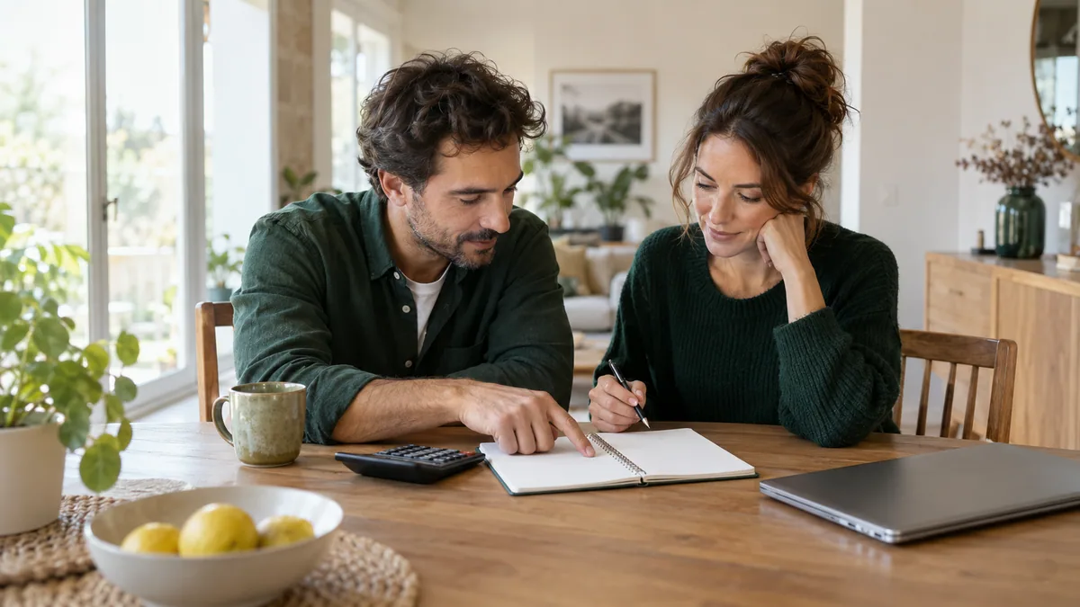 Deux adultes préparent un projet et le budget du foyer à une table — illustration générée par IA