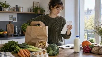 Suivi des dépenses courantes après des achats alimentaires — illustration générée par IA