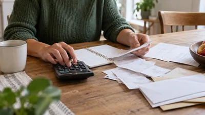 Une personne organise ses factures avec un carnet et une calculatrice sur une table — scène illustrative générée par IA