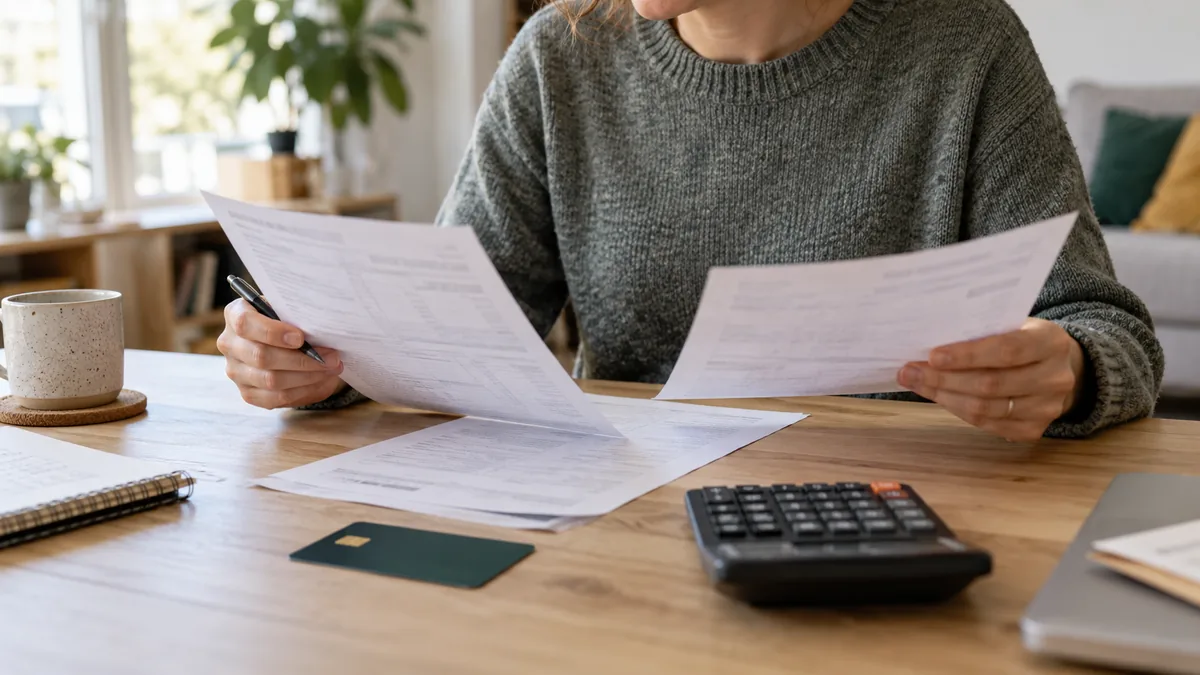 Lecture de documents bancaires avec une carte et une calculatrice sur une table — illustration générée par IA