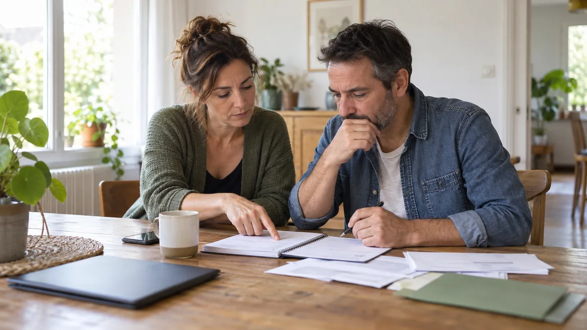 Un couple examine son budget et ses courriers à une table dans un intérieur lumineux — scène illustrative générée par IA