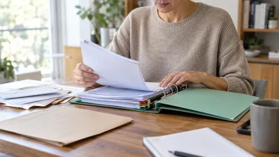 Une personne rassemble des documents administratifs dans un classeur à intercalaires — scène illustrative générée par IA