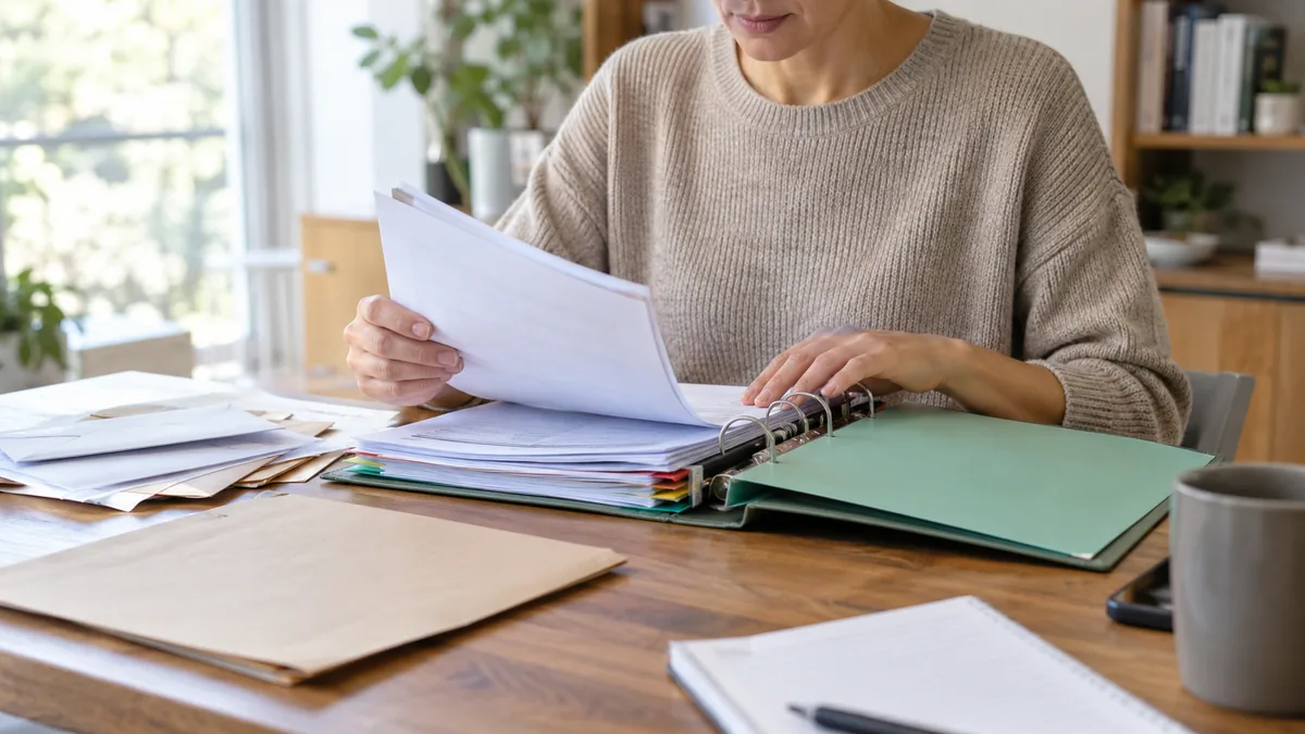 Une personne rassemble des documents administratifs dans un classeur à intercalaires — scène illustrative générée par IA