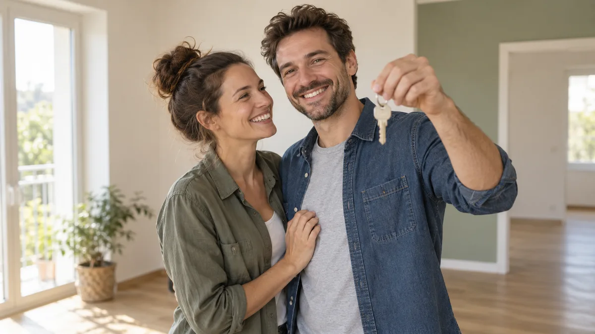 Couple tenant les clés d’un logement — illustration générée par IA