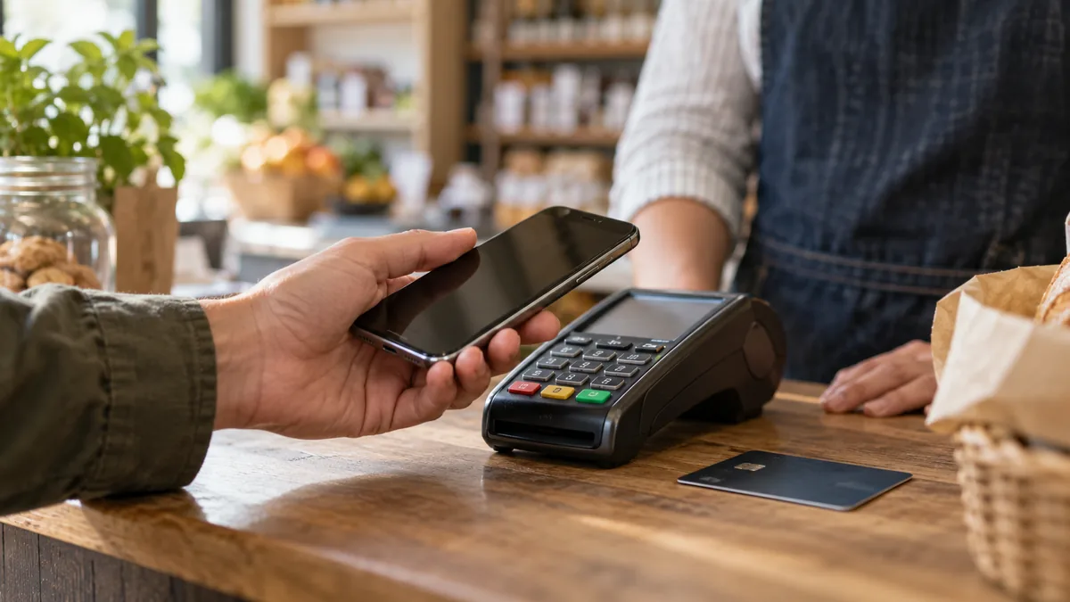 Paiement sans contact avec un téléphone devant un terminal de paiement — illustration générée par IA
