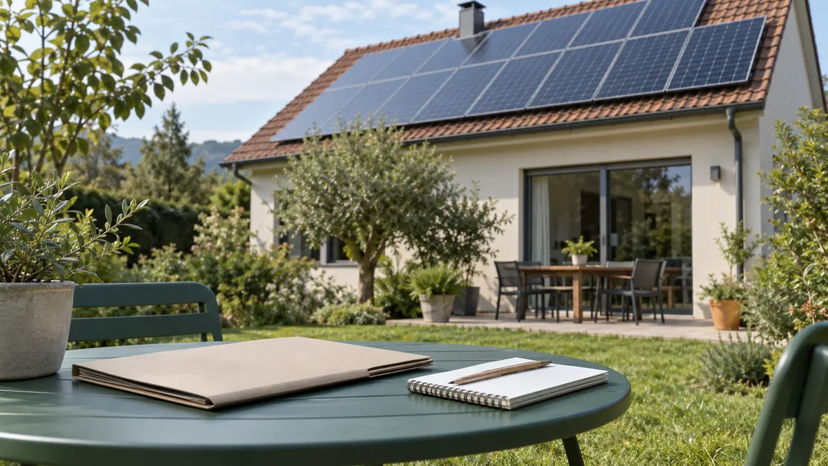 Panneaux solaires sur une toiture et dossier posé sur une table de jardin — illustration générée par IA