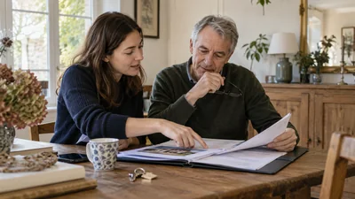 Discussion familiale autour de documents de patrimoine et de logement — illustration générée par IA