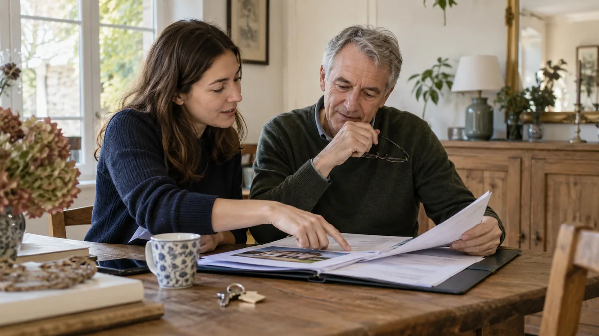 Discussion familiale autour de documents de patrimoine et de logement — illustration générée par IA