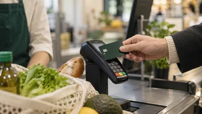 Paiement sans contact à une caisse avec une carte sans marque — illustration générée par IA