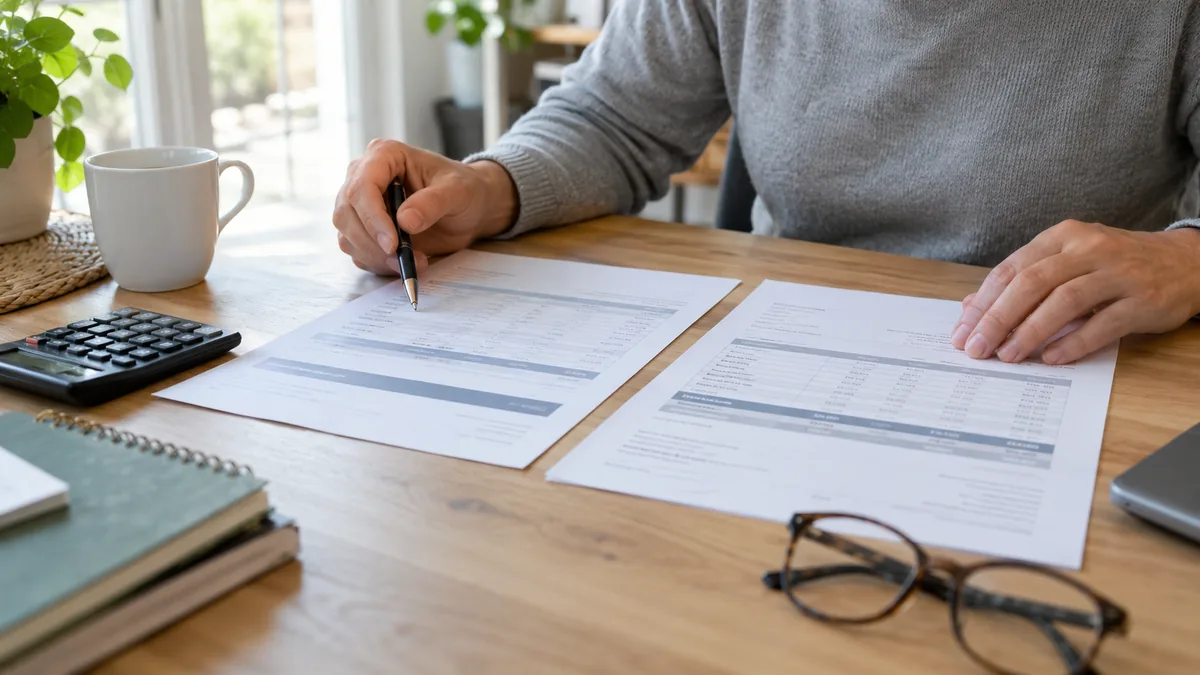Une personne compare deux documents de financement avec un stylo et une calculatrice — scène illustrative générée par IA