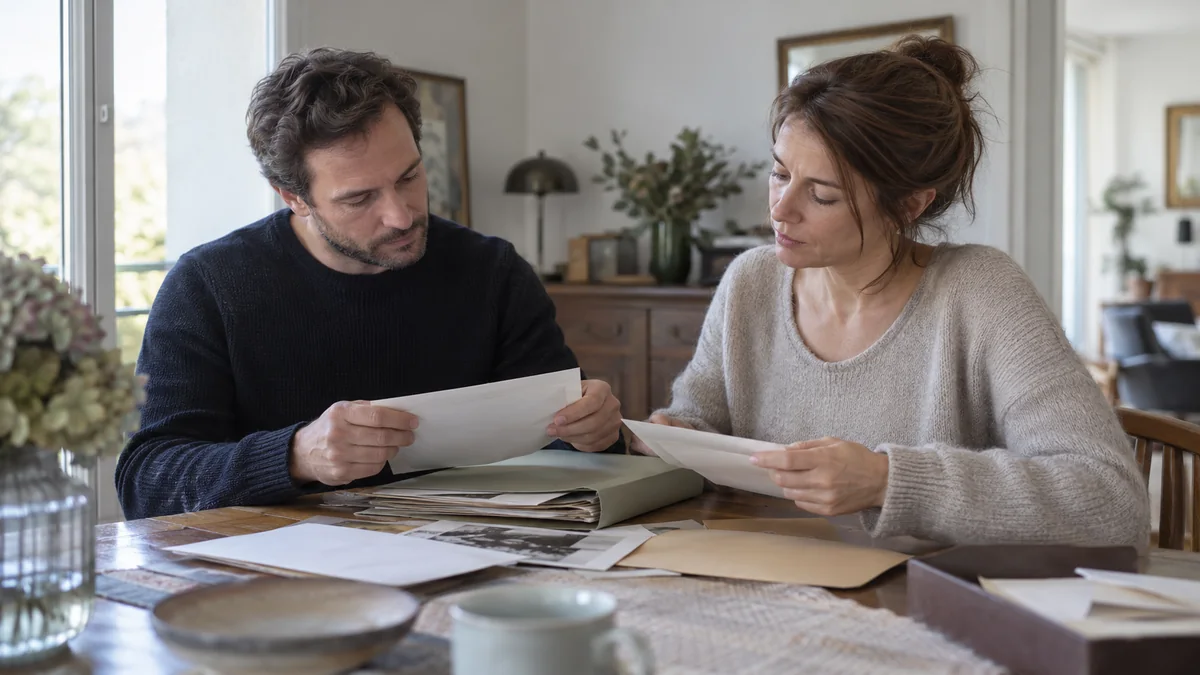 Organisation des documents familiaux pour préparer un dossier de succession — illustration générée par IA
